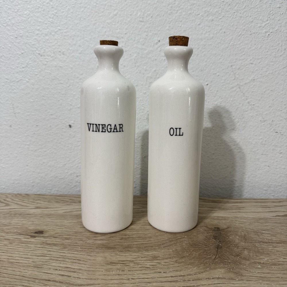 Kitchen Essentials White Ceramic Oil And Vinegar Bottles Cork Lids‎ 16 oz Farm